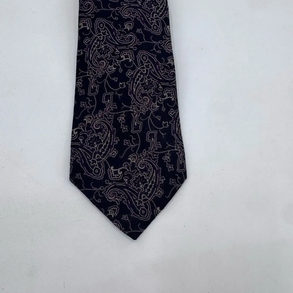 Ferrell Reed Tie All Silk Black Paisley In Cream & Violet VTG Fast Shipping